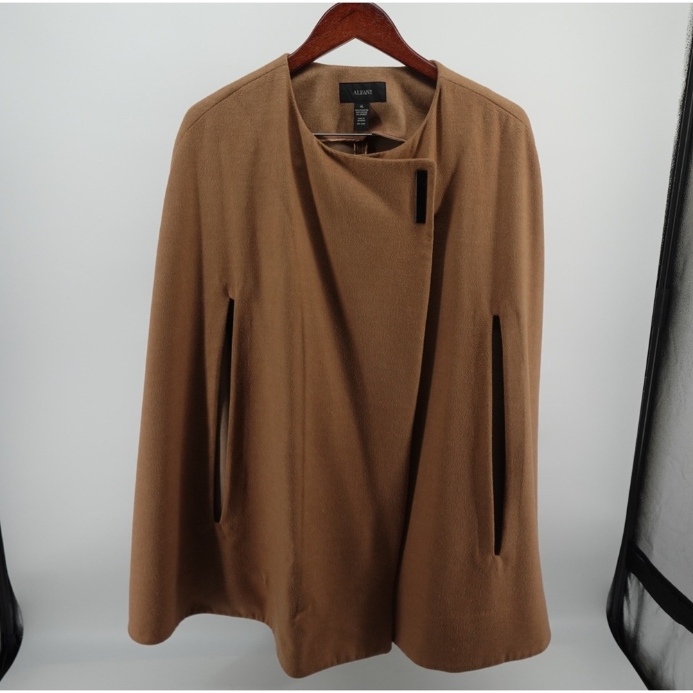 Alfani Womens XL Camel Brown Asymmetric Snap Front Cape Coat Arm Slits WPL 8046